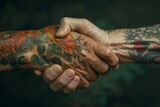 Fototapeta  - Close-up of a vibrant, tattooed handshake symbolizing a unique connection