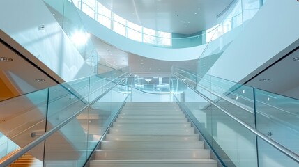 The Chic and Modern Staircase with Glass Balustrades in a Contemporary Building