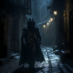 Wall Mural - A mysterious masked figure in a dimly lit alley. 