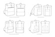 Set of foldable, Expandable, Travel backpack silhouette bag. Fashion accessory technical illustration. Vector schoolbag front 3-4 view for Men, women, unisex style, flat CAD mockup sketch isolated