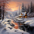 A tranquil winter scene with a snow-covered cabin.
