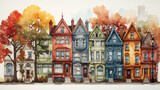 Fototapeta Fototapeta uliczki - Colorful facades, narrow streets, and architectural details from bygone eras are featured in a watercolor illustration of a historic neighborhood.