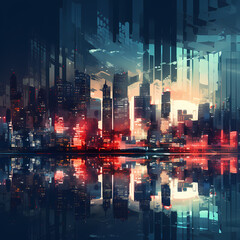 Poster - Digital rain falling on a cityscape. 