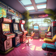 Wall Mural - Retro arcade with colorful game cabinets. 