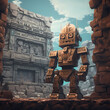 Retro robot exploring an ancient temple.