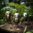 Steampunk-inspired robot insects in a garden. 