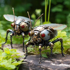 Canvas Print - Steampunk-inspired robot insects in a garden. 