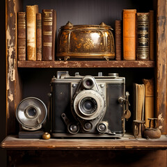 Canvas Print - Vintage film camera on a weathered bookshelf. 