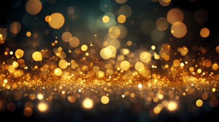 Abstract festive dark background with golden glitter and bokeh