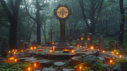 Mystic Viking Runestone Altar Illuminated by Candles in a Misty Forest