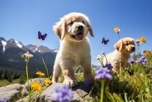 Puppy Retriever With Two White Doves Flying In The Background With A Blue Sky And Beautiful, Colorful Flowers, The Dog Is Standing Up
