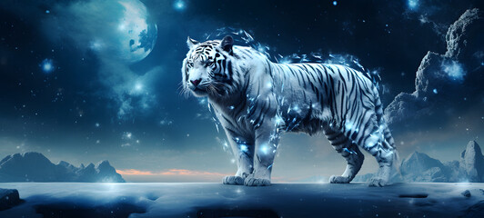 Wall Mural - photograph of a white tiger adorned in celestial sun and moon, ai generative