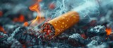 Fototapeta  - Close-up of a burning cigarette with a toxic symbol in the smoke, warning of the poisonous chemicals in tobacco.