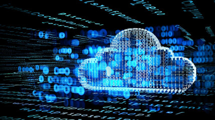 Digital illustration of a cloud composed of binary code, informational technology web futuristic. Abstract Cloud Computing Concept Digital Background