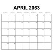 april 2063. monthly calendar design. week starts on sunday. printable, simple, and clean vector design isolated on white background.