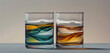 Glassware containing a layered liquid experiment, with hues of amber, teal, and lavender, meticulously arranged for scientific observation, isolated against a grey background