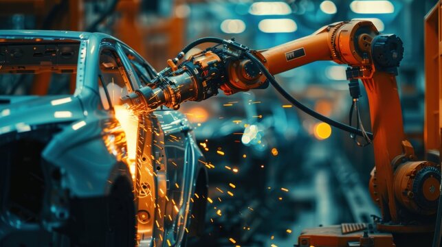 Illustrations of welding with AI robot arms in factories, car assembly and mass products. Ai generated image
