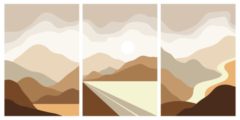 Collection of rectangular abstract landscapes. Moon, mountains. Japanese style. Modern layout, fashionable colors. Layout for social networks, banners, posters. vector illustration