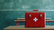 © Tati - Red first aid kit on a desk in an empty classroom, readiness concept