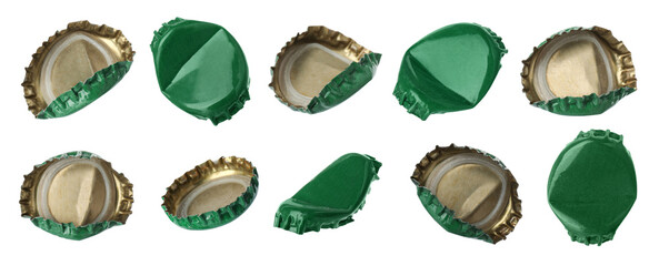 Poster - Green beer bottle caps isolated on white, set