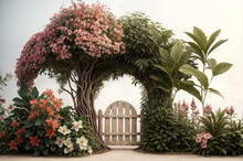 Wooden Gate In The Garden With Beautiful Flowers. Vintage Tone.