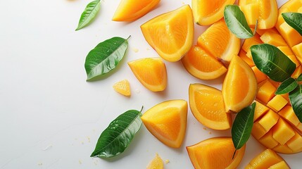 Wall Mural - Mango fruit and half with slices isolated on white background. Top view. Flat lay