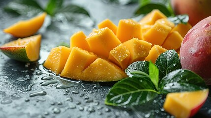 Wall Mural - Mango fruit and half with slices isolated on white background. Top view. Flat lay