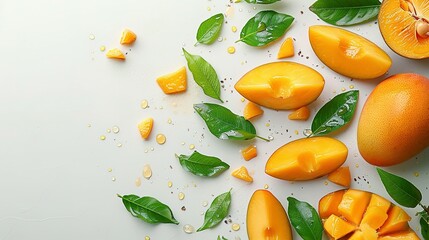 Wall Mural - Mango fruit and half with slices isolated on white background. Top view. Flat lay