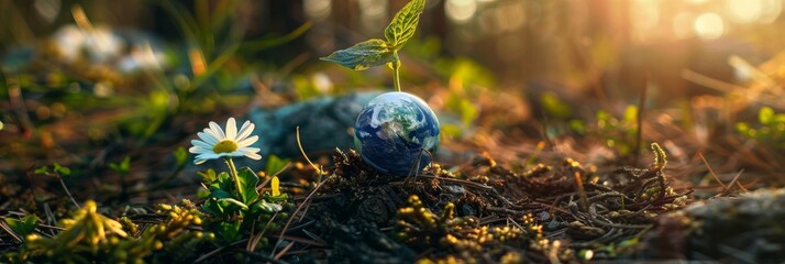 Wall Mural - globe on ground with tree sapling, forest background