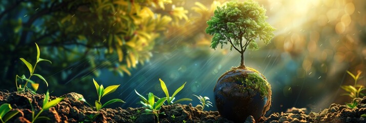Wall Mural - globe on ground with tree sapling, forest background