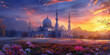 White Mosque with minaret in flower field foreground at sunset