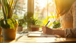 © Татьяна Макарова - Warm sunlight bathes a cozy writing desk with plants, creating an inviting atmosphere for creativity and focus
