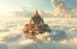 Ethereal Thai temple floating surrounded by wisps of clouds a tranquil scene set high in the sky