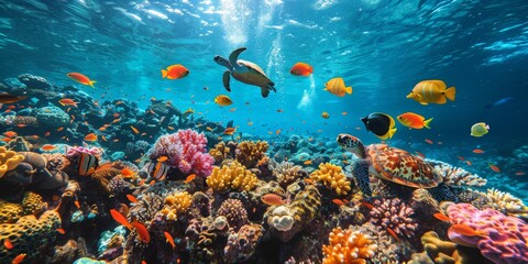 Canvas Print - Vibrant underwater seascape showcasing a turtle amidst colorful fish and lively coral reef