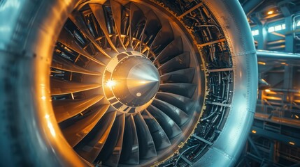 Fototapete - View the airplane's turbine engine in flight by zooming in. An aerial view of the plane showing the rotating propellers of the motors.