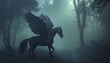winged horse in a foggy forest at night