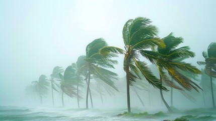 Coconut trees are blown by strong winds in a tropical storm under an overcast sky.