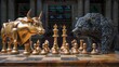Stock market symbols: golden bull and black bear statues confronting each other on a chessboard with stock tickers