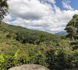 View of scenic mountain vegetation and blue  sky from route 2 south of Cartago in Costa Rica