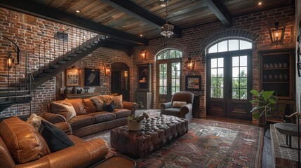 The mix of industrial and farmhouse elements in this home creates a comfortable yet elegant space. With brick walls accented with metal and warm wood tones