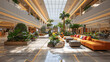 Modern Shopping Mall Interior with Tropical Plants and Seating Area