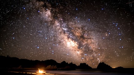 Nighttime photography of the Milky Way galaxy viewed from a dark landscape, showcasing the awe-inspiring beauty of a starry sky above the earth