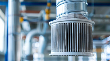 Wall Mural - A closeup shot of a newly installed ventilation system on a construction site featuring a large filter designed to capture and reduce air pollution caused by construction