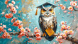 An owl wearing graduation cap with books in flowers background. Generative AI.