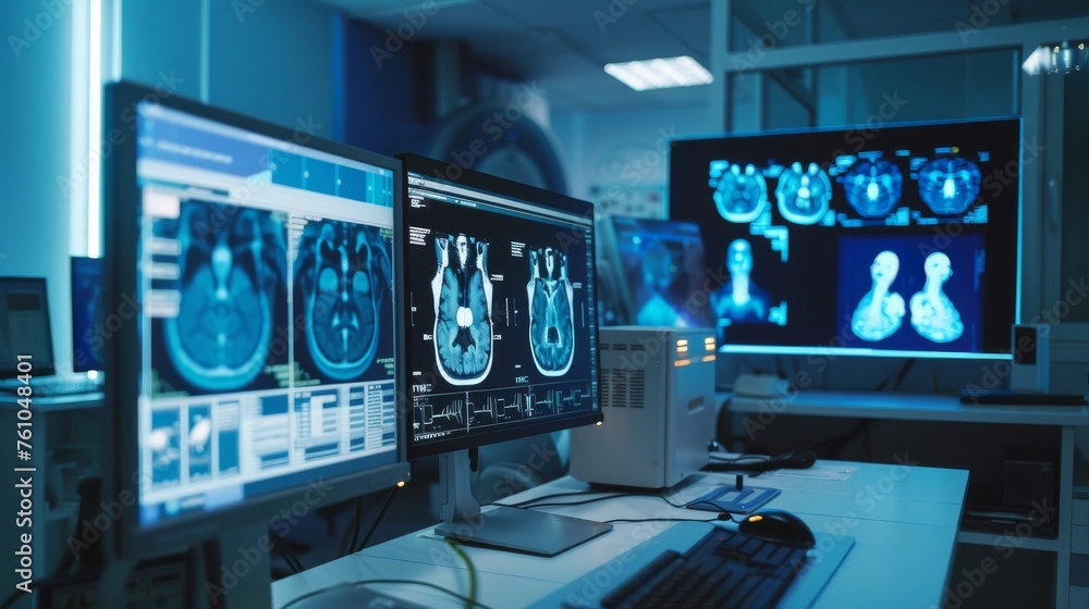 Imaging Monitor An advanced medical imaging workstation with monitors displaying ...