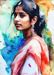 Wall Mural - Portrait of young indian woman in watercolor style
