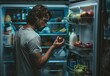 Mid-Thirties Man Indulging in Snacks by the Refrigerator