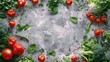 A frame of fresh herbs and tomatoes on a gray background.