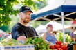 Small business owner participating in a local farmers' market, showcasing fresh produce and homemade goods, Generative AI