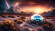 A digital illustration of an alien planet with frost and crystal structures, surrounded by clouds and lightning strikes